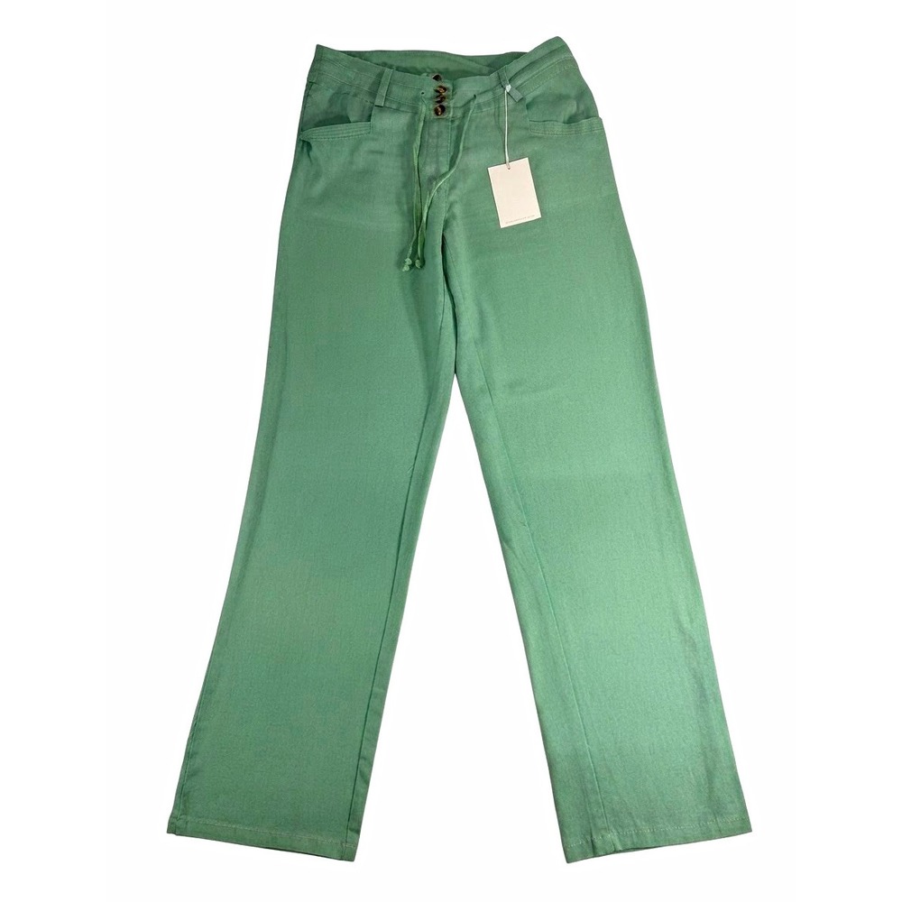 True Fit Women's Green Linen Blend Drawstring Pants Straight Leg Mid Rise S